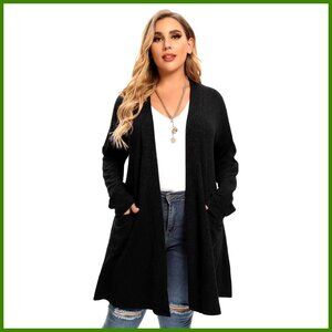Open Front Knit Cardigan Sweater Plus Size Long Sleeve with Pockets